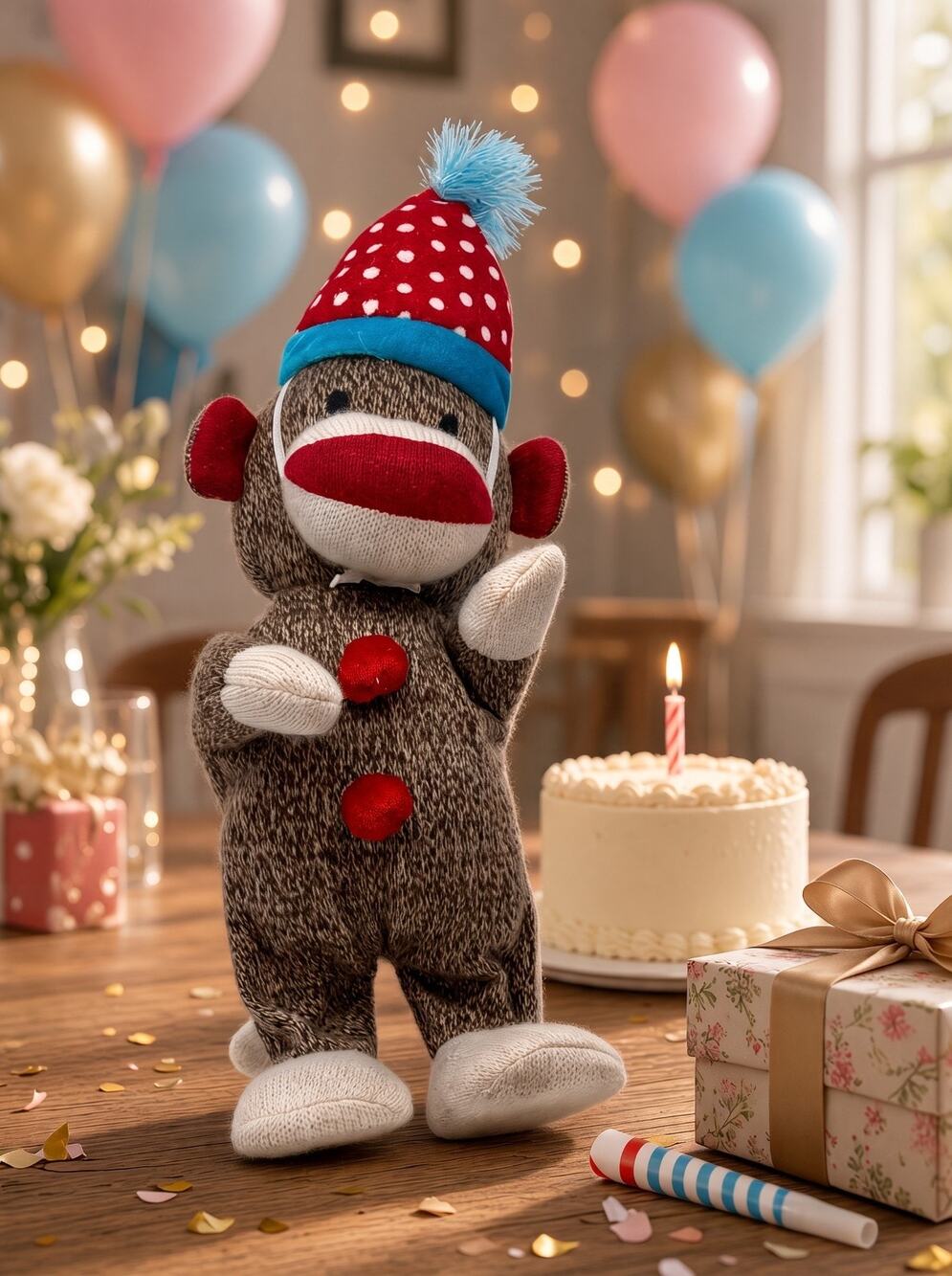 Gemmy Sock Monkey 14" Plush Sings They Say Its Your B-day & Dances Tested W/Batt